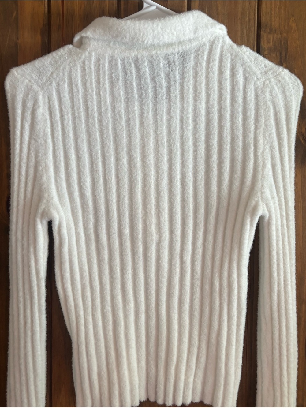 American Eagle White Ribbed Fuzzy Cropped Polo Sweater Long Sleeve Womens Small - Picture 9 of 9
